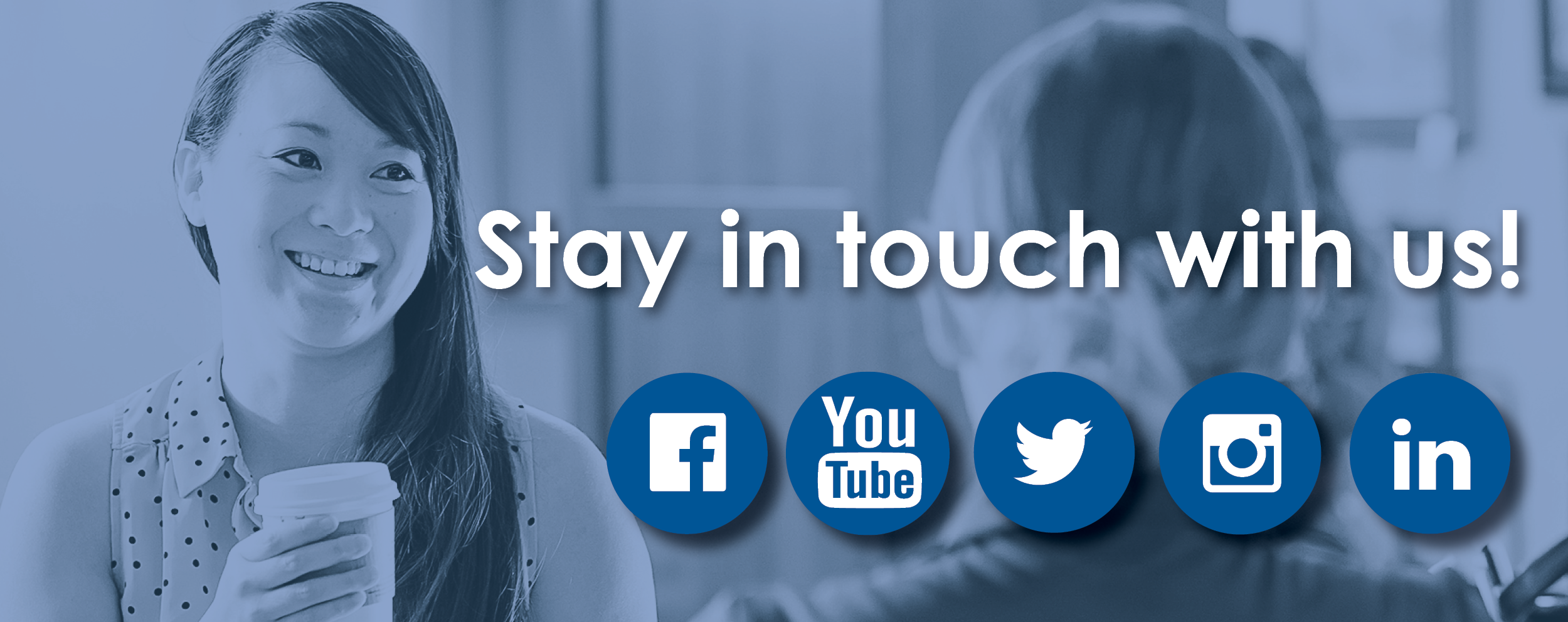 Woman Smiling in Conversation- Stay in touch on Social Media with us!