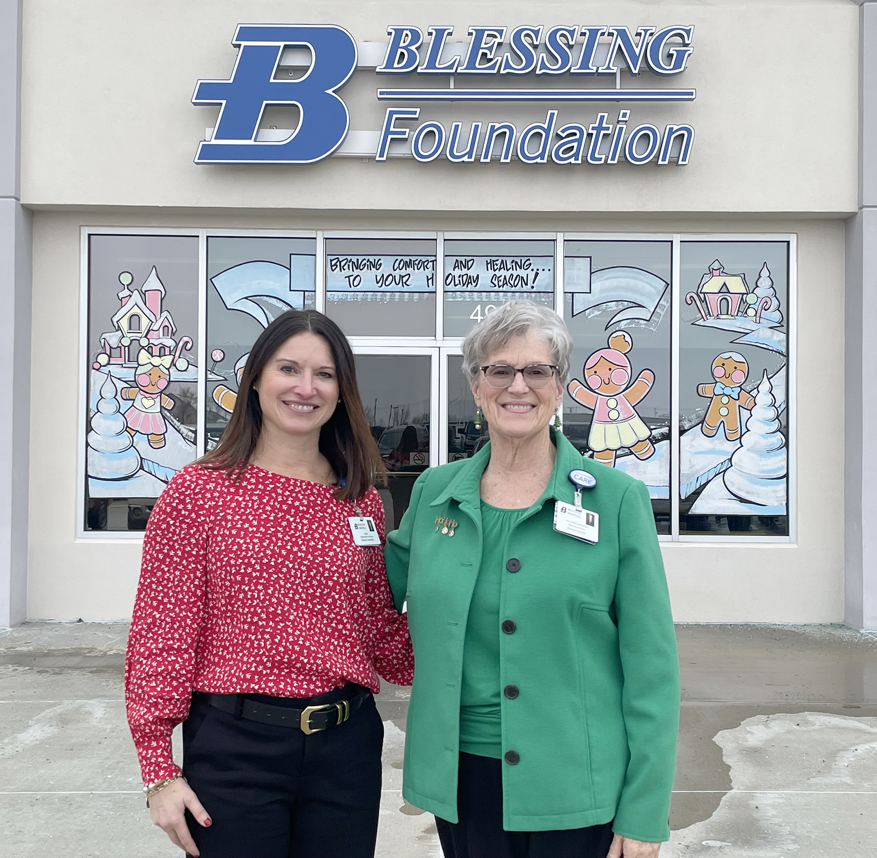 Pictured right is Ann Awerkamp-Dickson, who will retire as the Administrative Director of the Blessing Foundation after 22 years in the role and 43 years with Blessing Health System. Jayme Connell (left) will serve as Ann's successor in the role.