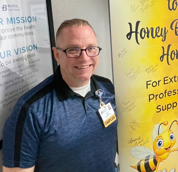 Chaplain Elliott Barrowclough’s ability to meet the needs of his fellow man – no matter if they are patients or providers – earned him Blessing’s 89th Honey Bee Award.