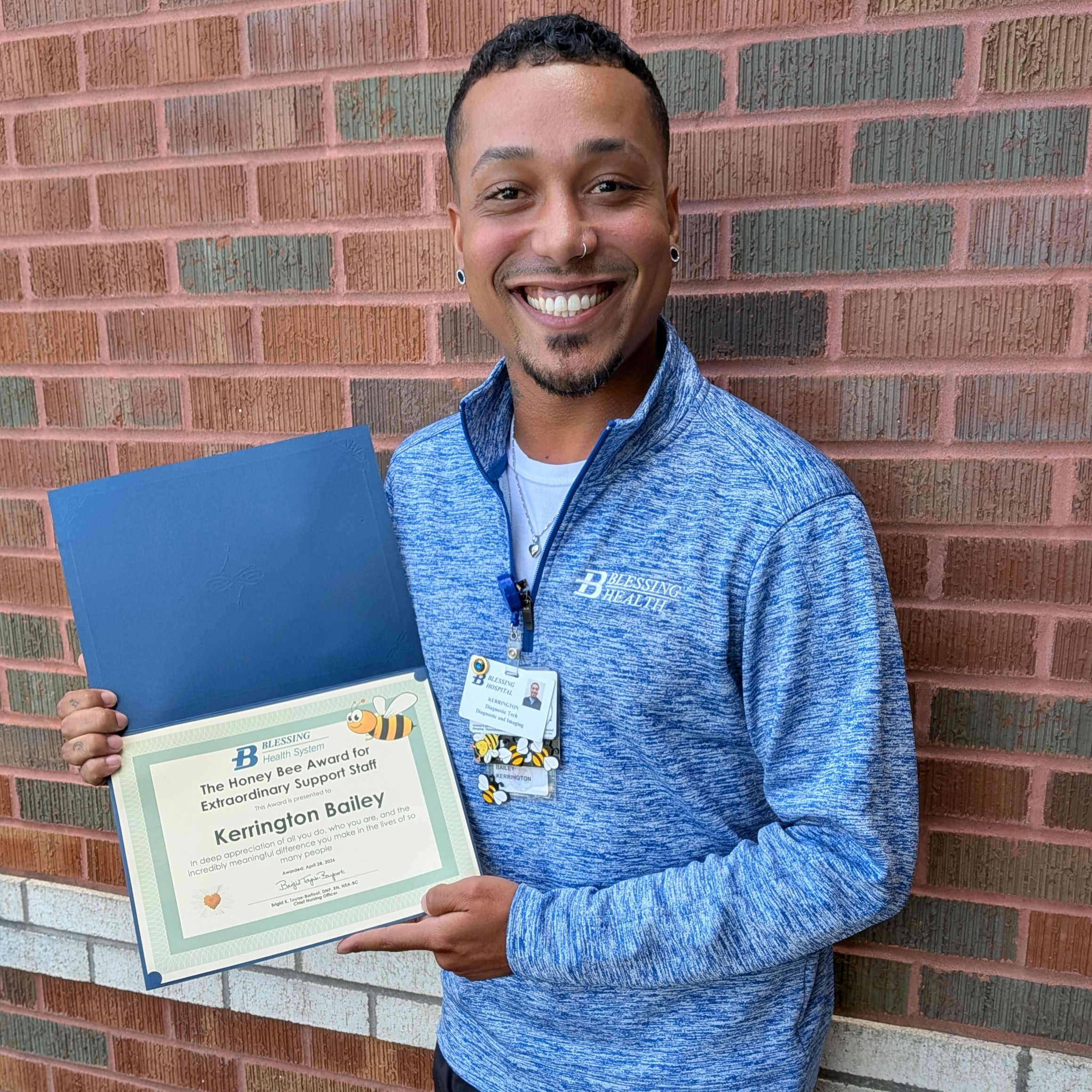 Kerrington Bailey’s kindness, professionalism, and ability to make patients feel truly cared for have earned him Blessing’s 90th Honey Bee Award. 